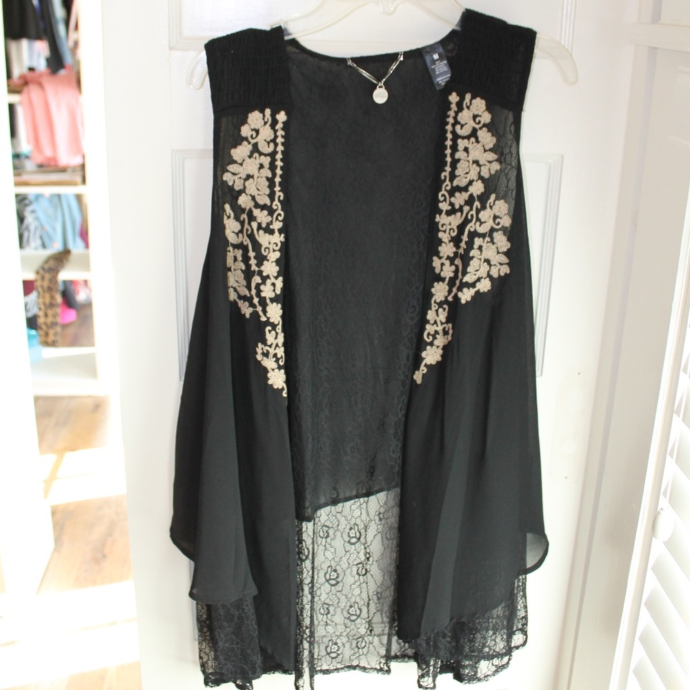 Black Lace Vest with Gold Detail